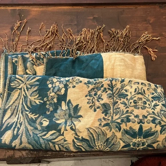 Pashmina Floral Scarf in blue-green and Cream